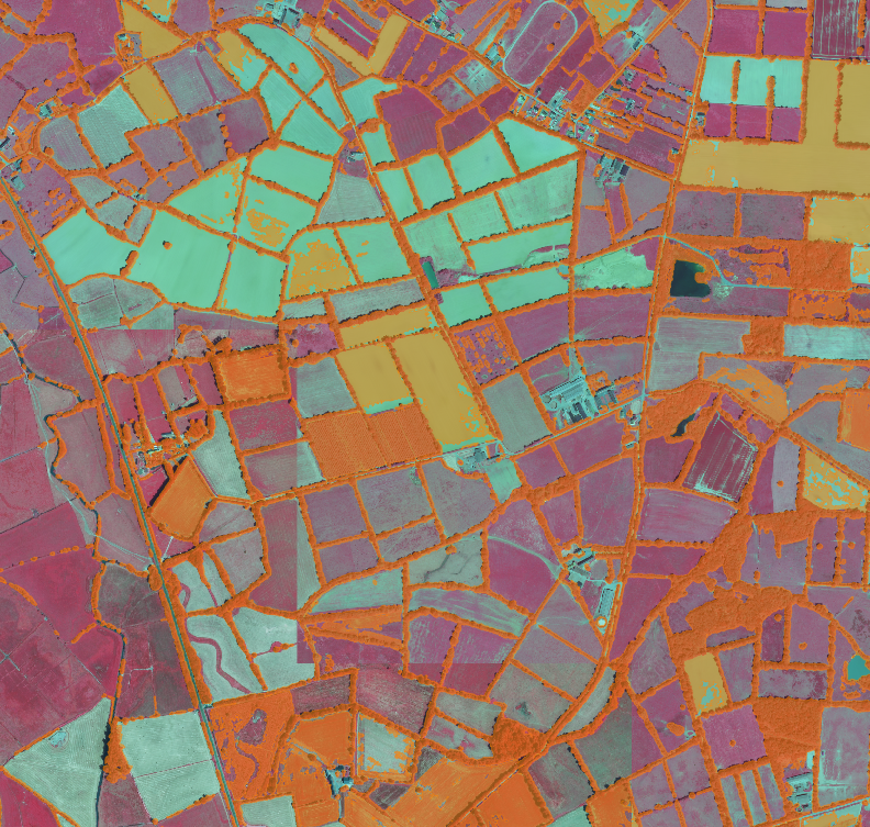 Couverture de végétation haute obtenue à partir des données LiDAR et superposée à la BDOrtho IRC de l'IGN (2022).