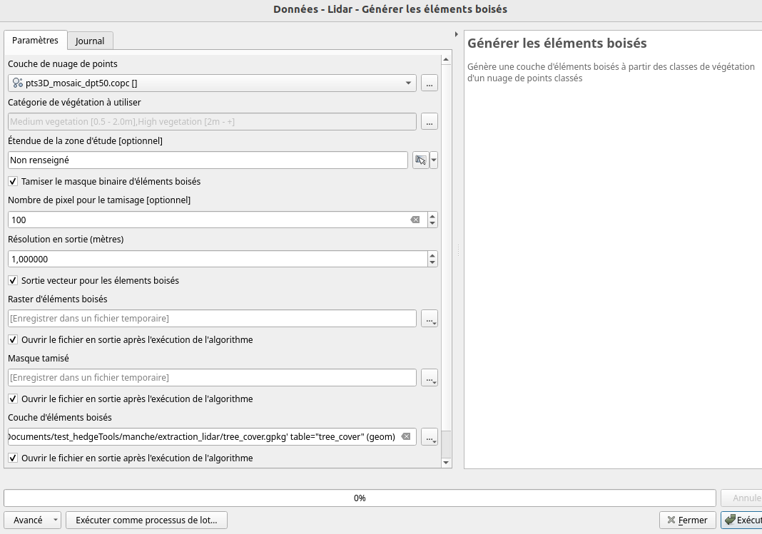 Fenêtre pour générer les éléments boisés à partir de données LiDAR.
