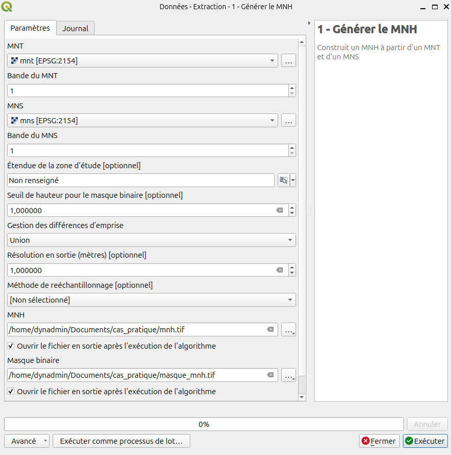 Fenêtre pour générer un MNH et un masque de hauteur à partir d'un MNT et d'un MNS.