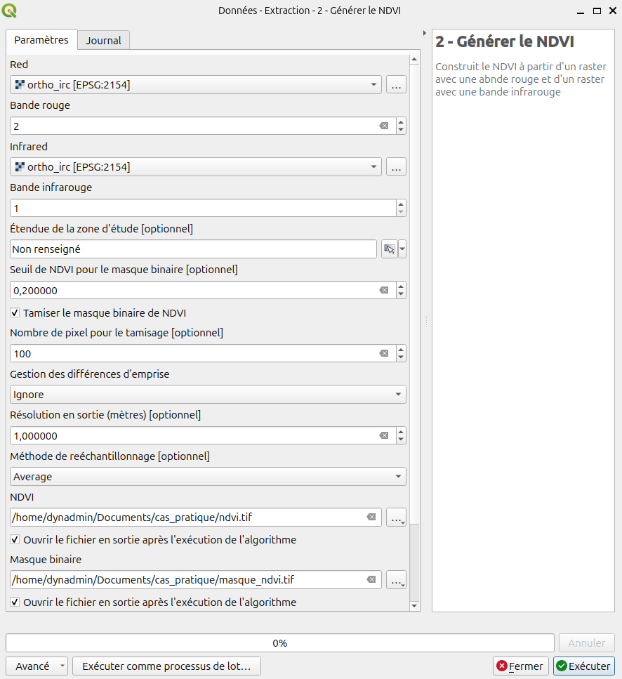 Fenêtre pour générer un NDVI et un masque à partir d'une image Ortho IRC.