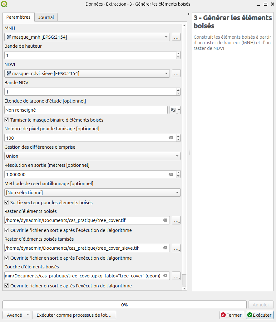 Fenêtre pour générer les éléments boisés à partir d'un masque NDVI et de hauteur.