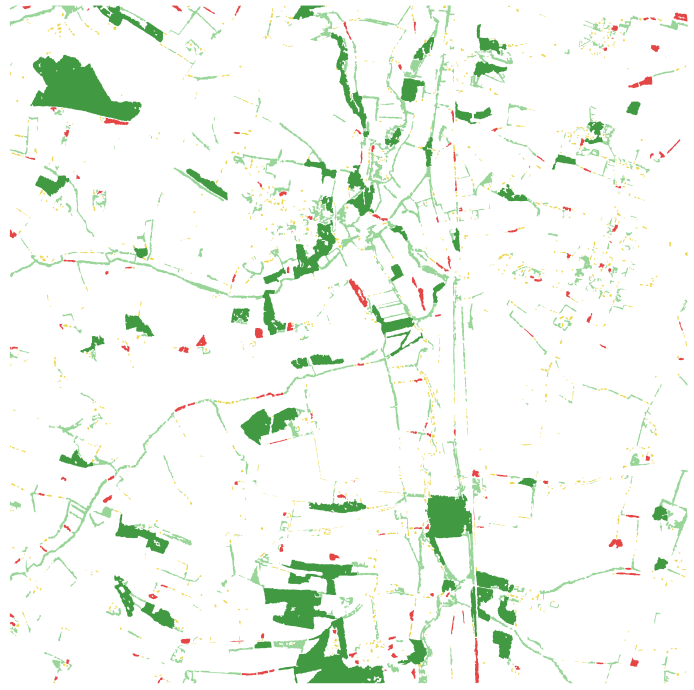 Classification de la végétation en 4 catégories : haies (vert clair), forêt (vert foncé), arbres isolés (orange) et bosquet (rouge).