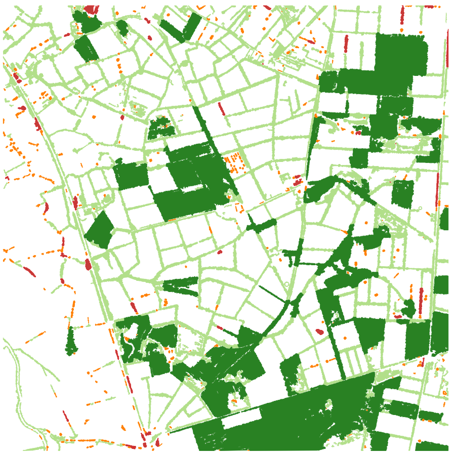 Classification de la végétation en 4 catégories : haies (vert clair), forêt (vert foncé), arbres isolés (orange) et bosquet (rouge).