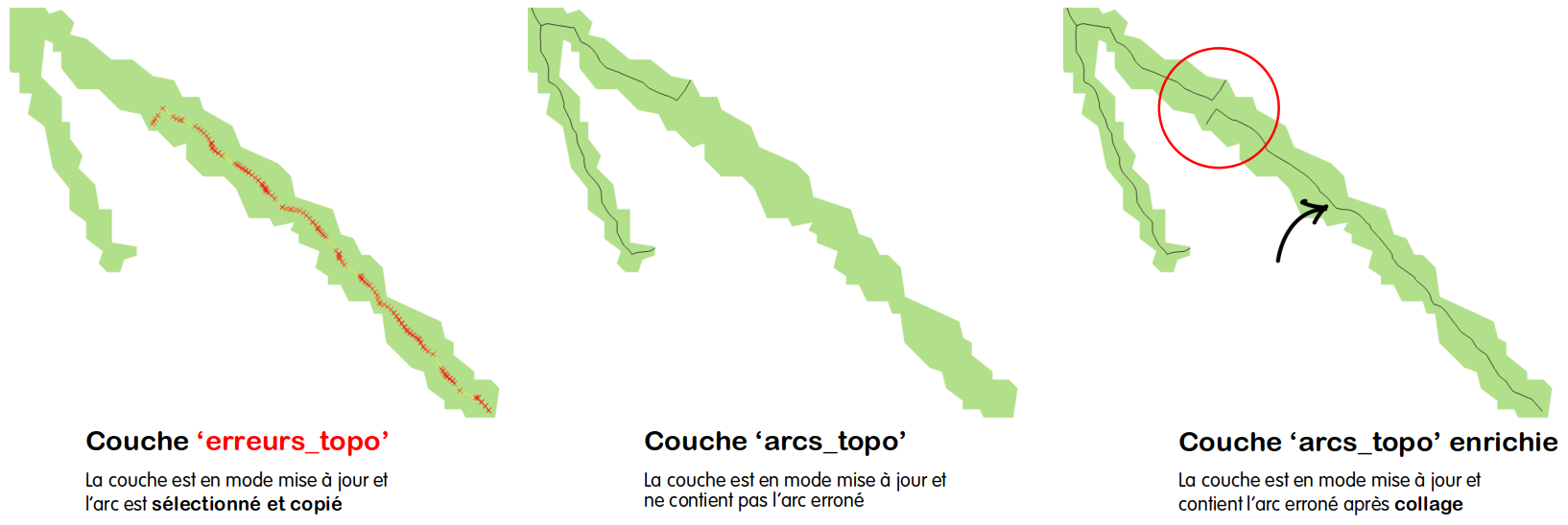 Copie et importation d'un arc erroné dans la couche d'arcs à conserver.