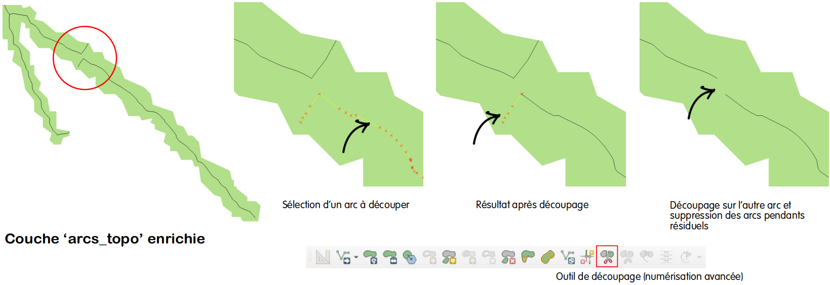 Exemple d'arcs erronés redécoupés, avec suppression des arcs pendants résiduels.