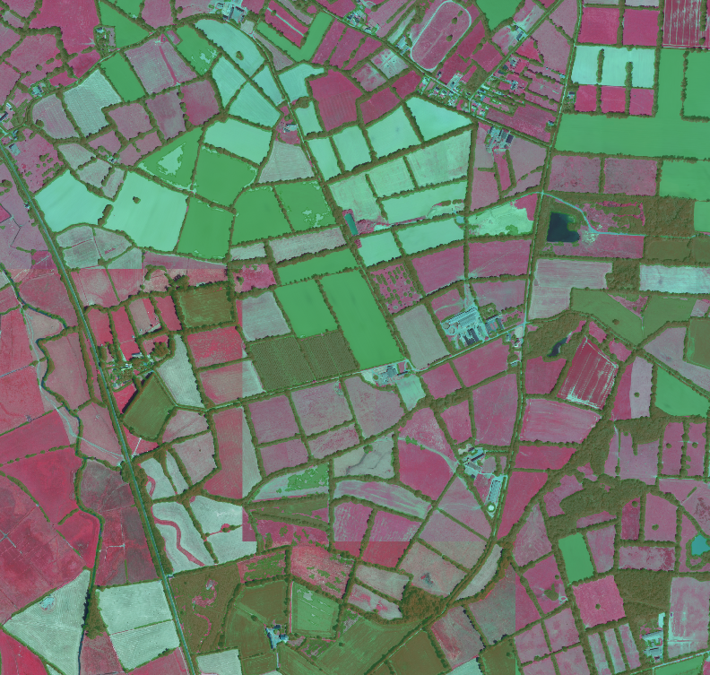 Couverture de végétation moyenne et haute obtenue à partir des données LiDAR et superposée à la BDOrtho IRC de l'IGN (2022).