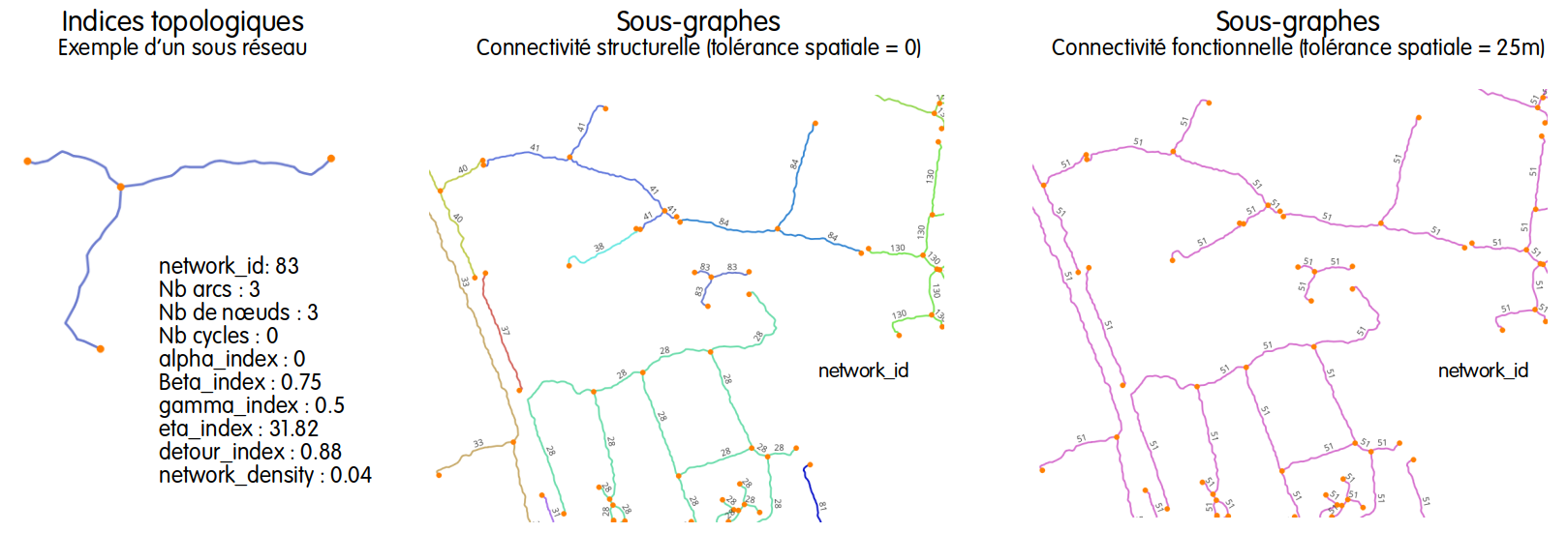 Illustration des métriques topologiques et de l'impact du paramètre de tolérance spatiale.